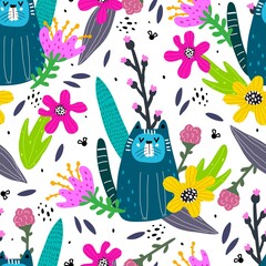 Seamless pattern with cartoon cats, flowers, colorful vector for kids. flat style. Hand drawing, animals. baby design for fabric, print, textile, wrapper  
