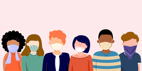 Group of people wearing cloth face covering or fabric mask to protect and help slow spread of Covid19 or Coronavirus, disease, flu, air pollution and contamination. Diverse people. Vector illustration