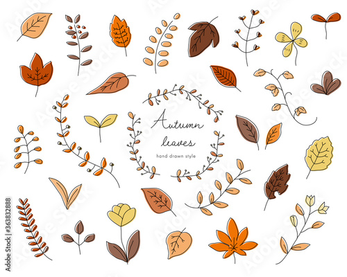 Leinwandbilder 手書きの秋の葉のイラストのセット 紅葉 もみじ 素材 オレンジ Yugoro