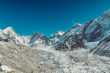 Beautifull Khumbu glacier mountains landscape at the Everest Base Camp trek in the Himalaya, Nepal. Himalaya landscape and mountain views.