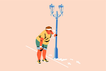 Sport, athletics, fatigue, overweight, dyspnea concept. Young fat obese man or guy runner tired while running and stopping near lamp post. Burning calories or heathy lifestyle and active recreation.