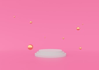 3D rendered studio with geometric shapes, podium on the floor. Platforms for product presentation, mock up background. Abstract composition in minimal design.