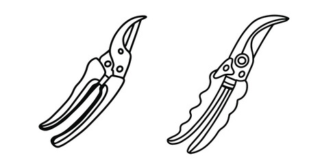 set of scissors-secateurs, isolated on a white background. Garden tools for working with flowers and shrubs. Hand-drawn vector stock illustration in the Doodle style