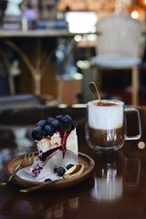 Blueberry cake with coffee.