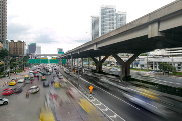 Traffic jam at Vibhavadi Rangsit Road. Bangkok traffic is usually busy during the rush hour Moments after work.
