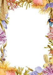 Colorful coral reef watercolor illustration frame. Hand drawn underwater sea life decorative frame. Beautiful corals, jellyfish, crab, marine life elegant invitation card on white background