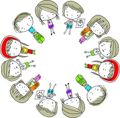 vector drawing cartoon kids set