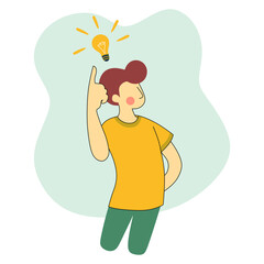 man standing thinking get idea. a light bulb shining on it. young man looking up on empty or blank.father thinks about problem.Thoughtful people understand the problem.happy young man find successful 