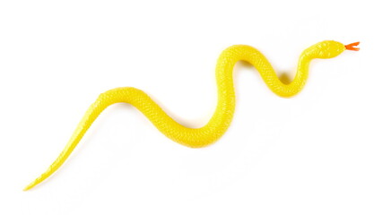 Yellow rubber snake, toy isolated on white background, top view