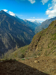 Beautifull Khumbu valley mountains landscape at the Everest Base Camp trek in the Himalaya, Nepal. Himalaya landscape and mountain views.
