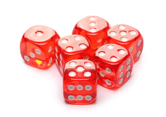 Red gambling dice pile, die for tabletop games and poker isolated on white background with clipping 