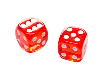 Red gambling dice, die pair for tabletop games and poker isolated on white background with clipping 