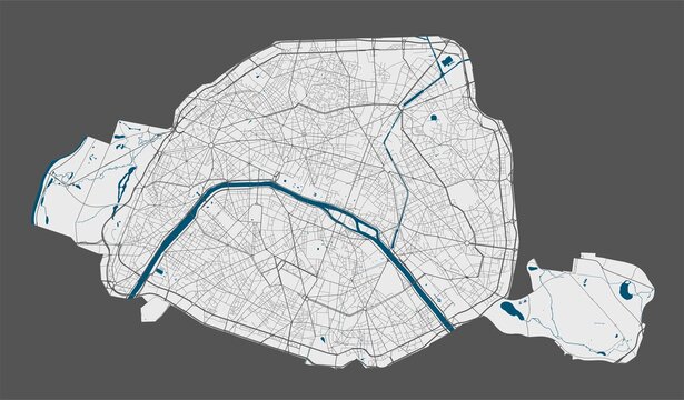 Paris map. Detailed map of Paris city poster with streets, water.