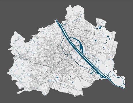 Vienna map. Detailed map of Vienna city poster with streets, water.