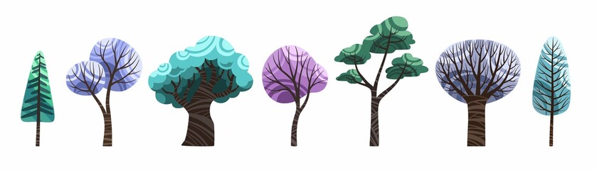 Winter trees isolated on white vector. Old and young, big and small, deciduous and coniferous trees set stock flat illustration, clip art for children's book.