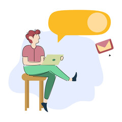 Man with Laptop Communicates with Bank Online. Credit Project. Vector Illustration. Coin and Banknote. Conclude Agreement. Bank Worker. Mobile App. Online Loan. Online Communication with Bank.