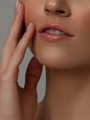 Fototapeta premium Sexual full lips. Natural gloss of lips and woman's skin. The mouth is closed. Increase in lips, cosmetology. Natural lips. Great summer mood with open eyes. fashion jewelry. Pink lip gloss