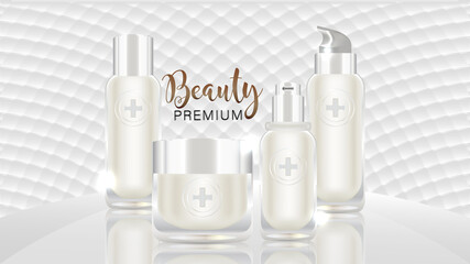 Beauty product ad design, white cosmetic containers with white background ready to use, luxury skin care banner, illustration vector.