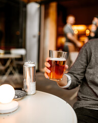 Holding glass cool refreshing beer terrace cafe
