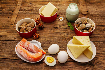 Foods containing vitamin D. Cheese, eggs, butter, nuts, milk, sardine, salmon, liver