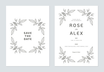 Floral wedding invitation card template design, floral line art ink drawing on white