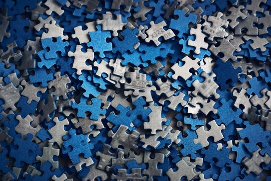 Closeup Shot Of Small Blue And Grey Puzzle Pieces In The Box