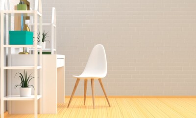 Home workplace interior with wooden floor, white brick wall and shelves. Side view. 3d rendering