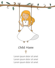 Invitation my first communion.  Girl on a swing. Isolated vector