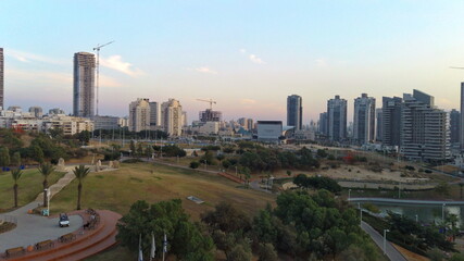 Fototapeta na wymiar View from height of Ashdod city from Ashdod Yam Park, summer evening, Israel