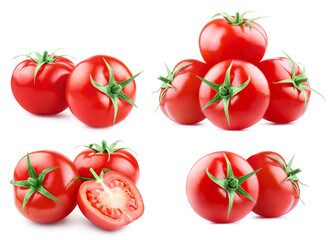 Collection of delicious red tomatoes, isolated on white background