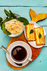 Healthy breakfast. Cup of coffee (black tea), milk, crackers with butter and salmon