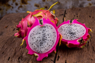 Dragon Fruit On old Wooden Table