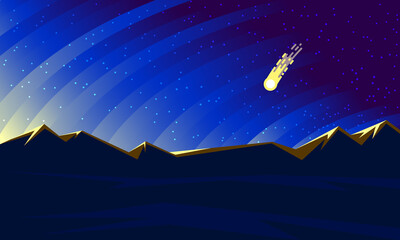 Sunrise over the mountains and comet in the sky. Flat vector night landscape with comet over the horizon. - obrazy, fototapety, plakaty
