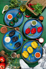 Manti on a blue plate. Close-up shot in the decor