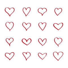 Outline heart icons. Vector set isolated on white background. Modern collection of different red hearts contour for sticker, label, tattoo art, love logo and Valentine's day. Vector illustration