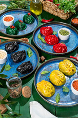 Manti on a blue plate. Close-up shot in the decor