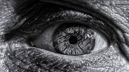 Grayscale  closeup macro shot of the details of a human eye with a small pupil