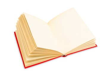 Closeup shot of open book in red cover isolated on a white background