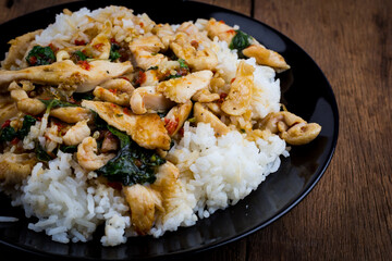 Spicy Fried basil leaf with chicken and rice