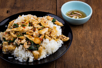 Spicy Fried basil leaf with chicken and rice