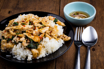 Spicy Fried basil leaf with chicken and rice