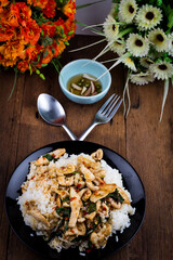 Spicy Fried basil leaf with chicken and rice
