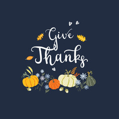Fototapeta premium Cute hand drawn Thanksgiving design, lovely hand written card concept with pumpkins, leaves - great for cards, web banners, wallpapers - vector design