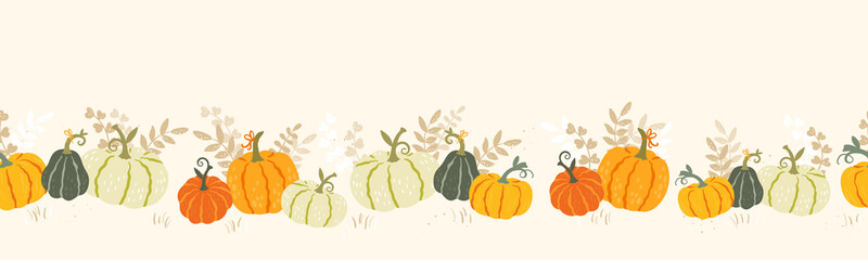 Cute hand drawn pumpkin horizontal seamless pattern, hand drawn pumpkins - great as Thanksgiving background, textiles, banners, wallpapers, wrapping - vector design