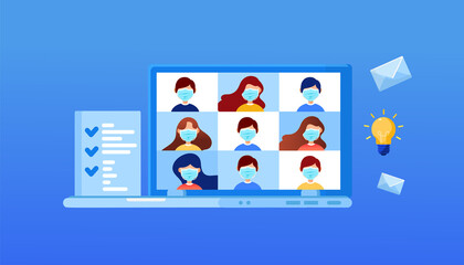 Laptop on the table with video conference for training. E-learning, online meeting, work from home concept.