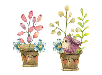 Watercolor illustration of a cute flower pot with eyes in which a small pink bird sits.