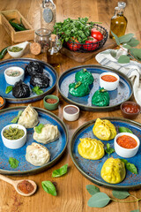 Manti on a blue plate. Close-up shot in the decor