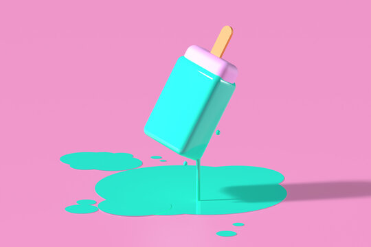 3d render of one turquoise fruit stick ice cream melting on pastel pink background in the air. Minimal summer concept.