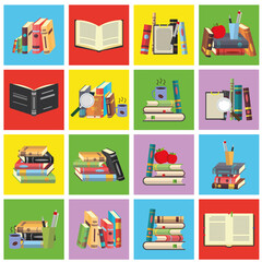 Colorful books icons set, vector illustration. Learn and study. Learn and study. With opened book object, closed book. Education and knowledge.