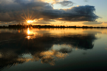 Colorful sunset by the Odra River, Poland.